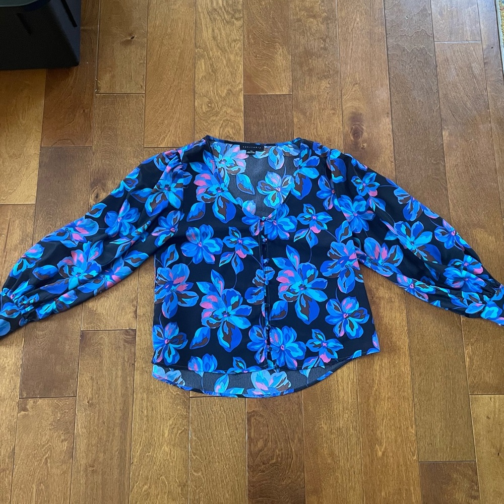 Sanctuary Medium Blouse Blue Floral Button Up V-Neck Long Sleeve Top - Picture 3 of 6